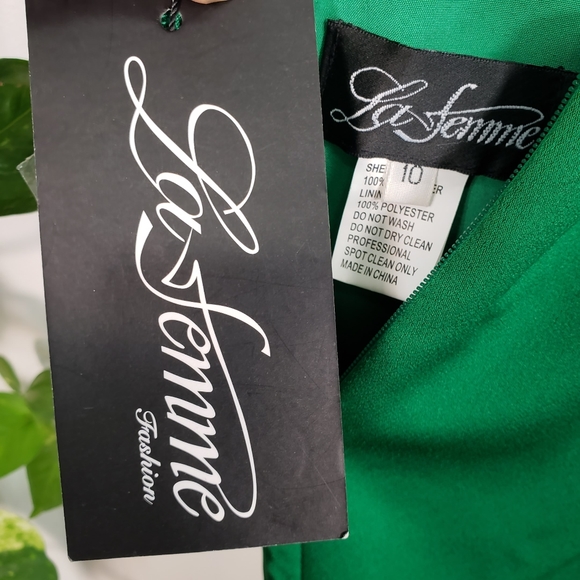 NWT LA FEMME High Halter Beaded Sheath Satin Gown - Picture 8 of 12